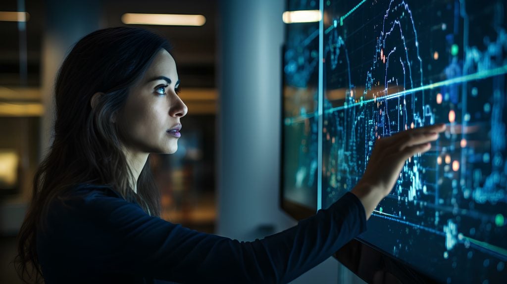 A female data scientist developing a machine learning model using AI. Her screen is filled with complex algorithms and data flow diagrams. generative AI