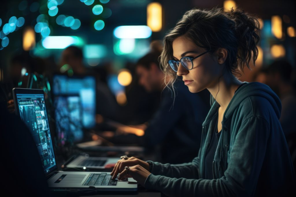 A girl confidently programming and coding on a computer, breaking barriers in the field of technology. Generative Ai.