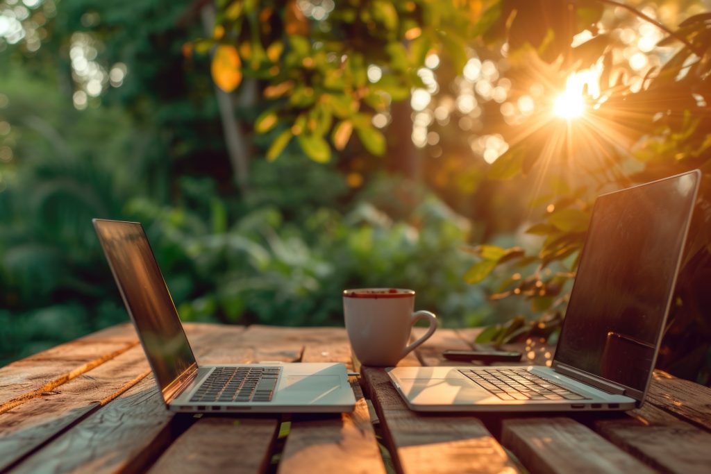 Two laptops sitting on a wooden table with a cup of coffee. Ideal for illustrating remote work, technology, and productivity.