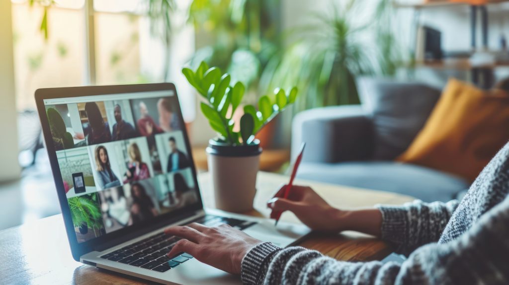 Person at Table With Laptop Conducting Business Meeting Video Generative AI